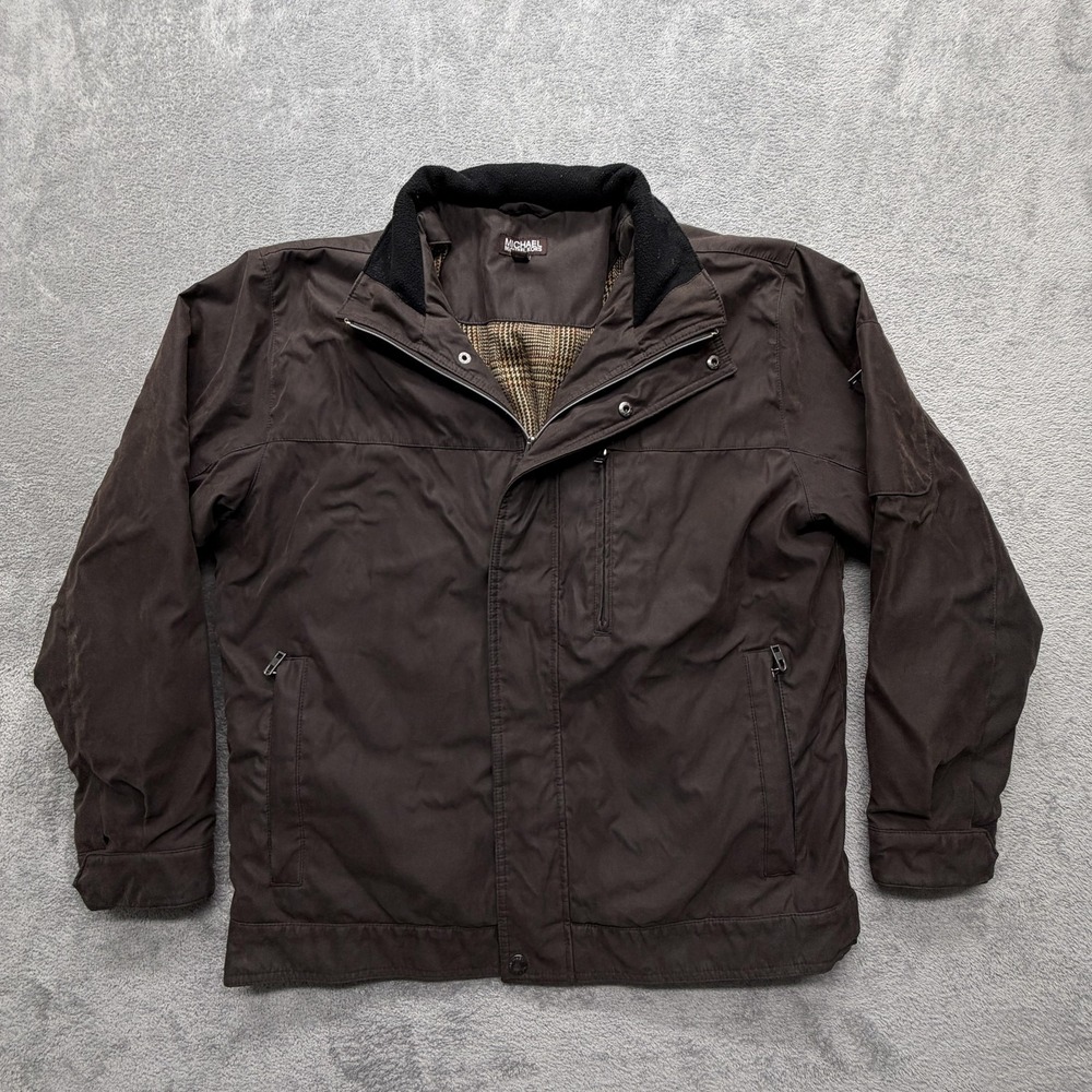 Michael Michael Kors Jacket Mens Large Brown Insulated Plaid Lined Zip Pockets‎